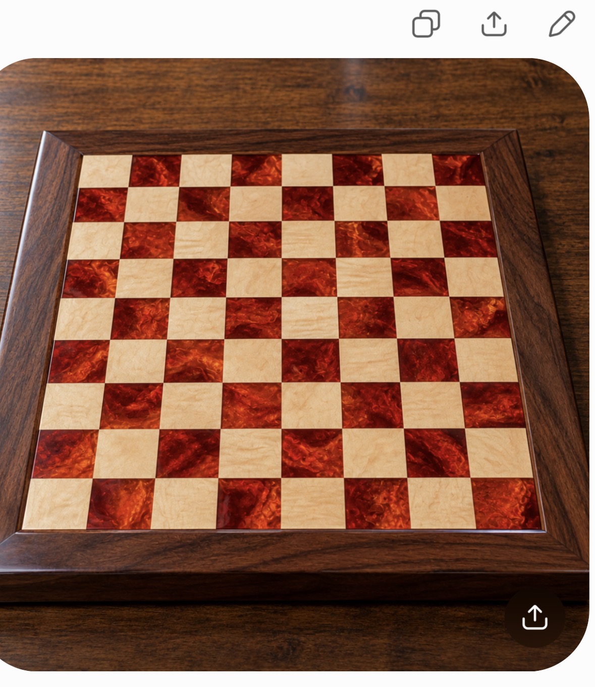 Handcrafted chessboard with blue epoxy and natural wood squares in a dark wood frame