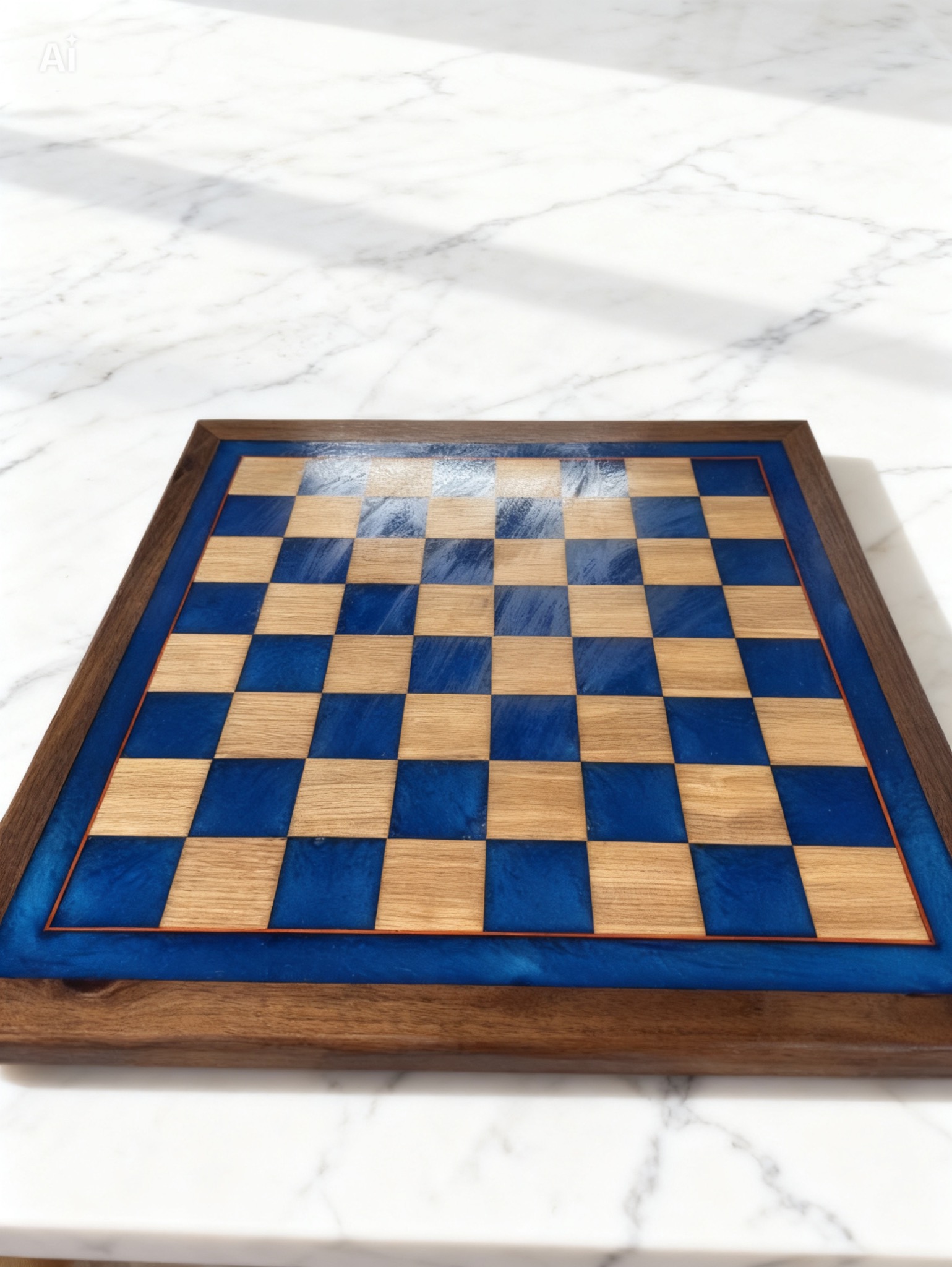 Red and orange marbled epoxy squares alternating with pale wood on a dark wooden chessboard frame